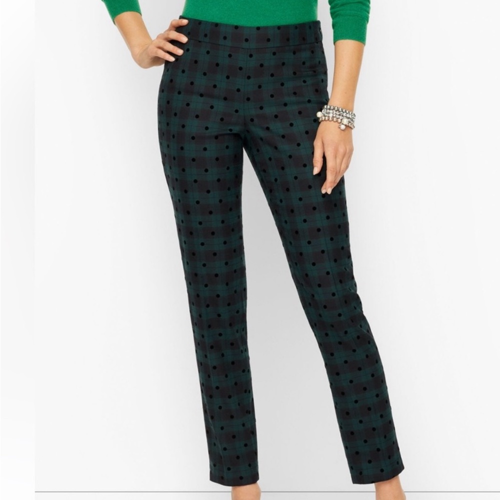 Talbots Slim Leg Pants Black Watch Tartan Polka Dot Wool Blend Womens Size 12